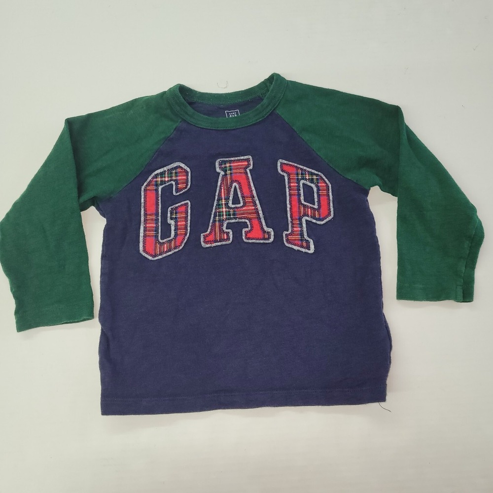 Baby Gap Long Sleeve T-Shirt Toddler 3T‎ Blue Green Plaid Logo Raglan Tee